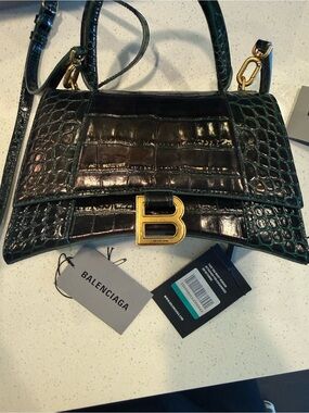 Balenciaga Green Croc-Embossed Small Hourglass Top Handle Bag with Gold 'B'